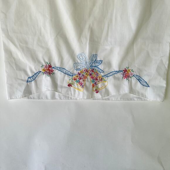 Vintage Handmade Embroidered Pillowcase with Wedding Bells and Ribbons - Picture 6 of 11